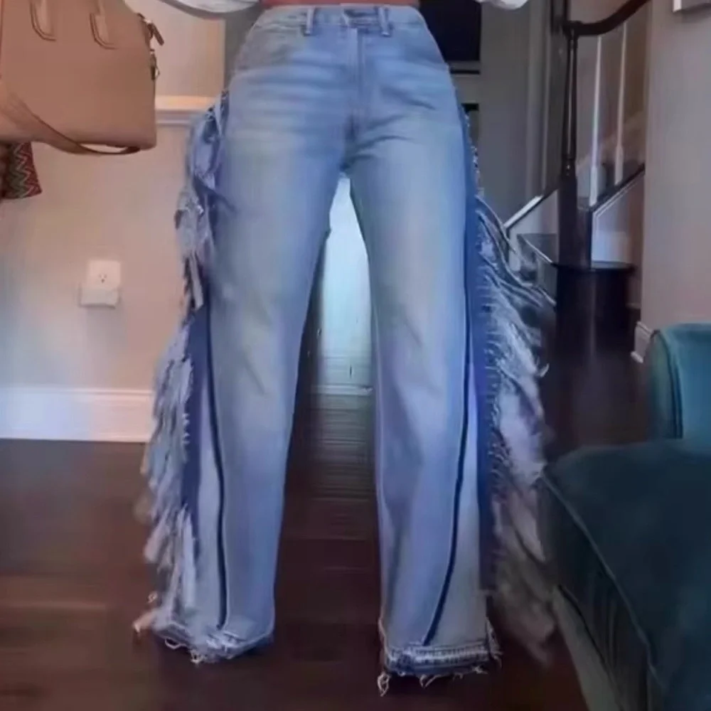 Frayed Side-Panel Light Blue Women’s Jeans - Picture 1 of 3